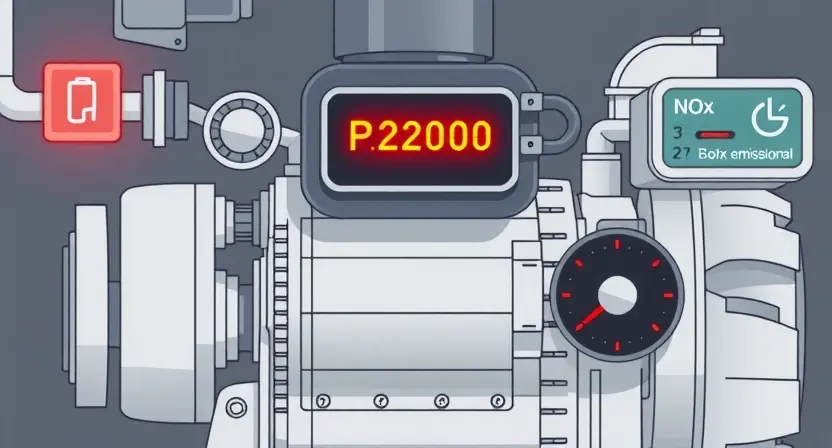 A high-quality technical illustration showing a modern diesel engine with a glowing check engine light indicating an error code P2000, symbols of NOx emissions, and a dashboard display highlighting reduced efficiency, clean lines, technical accuracy, no text or numbers on the image