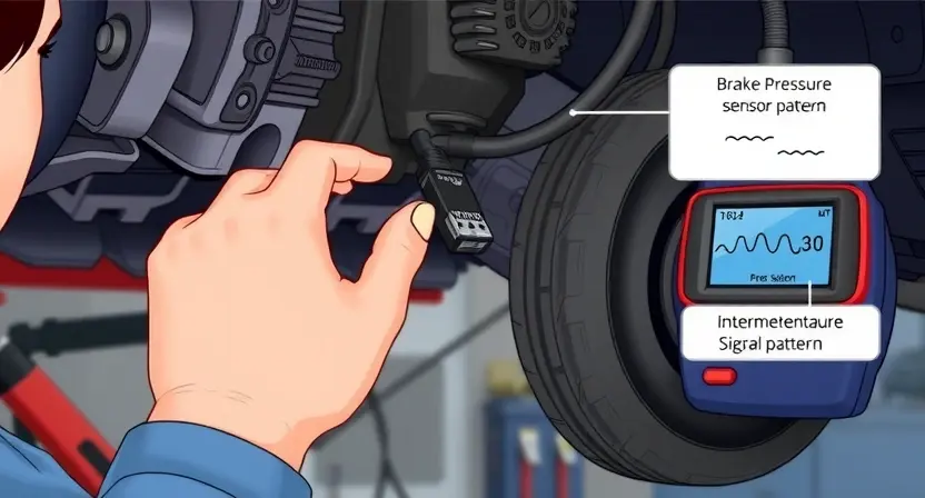 A detailed, realistic illustration of a car mechanic inspecting a brake pressure sensor on a vehicle's chassis, with a diagnostic scanner connected, showing a clear view of the sensor wiring and a subtle representation of an intermittent signal pattern, all in a workshop setting.
