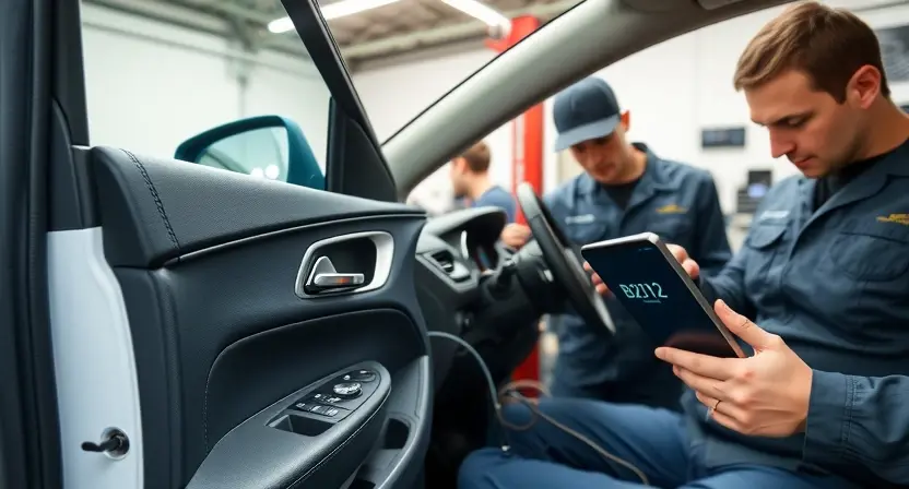 A modern car interior with a focus on the keyless entry system, showing a key fob near the door handle, diagnostic tools connected to the OBD-II port, and a mechanic examining wiring and sensors, with subtle digital error code 'B2112' displayed on a tablet screen in the background, all in a clean, well-lit garage environment