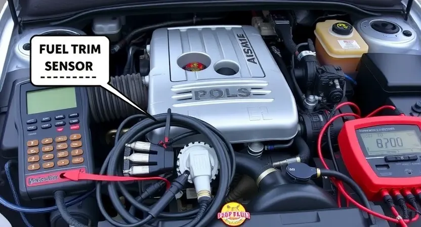 A detailed illustration of a car engine bay with a focus on the fuel trim sensor. The sensor should be clearly visible, with wiring and hoses around it. Include diagnostic tools like a scan tool and a multimeter nearby. The background should be slightly blurred to emphasize the engine components.