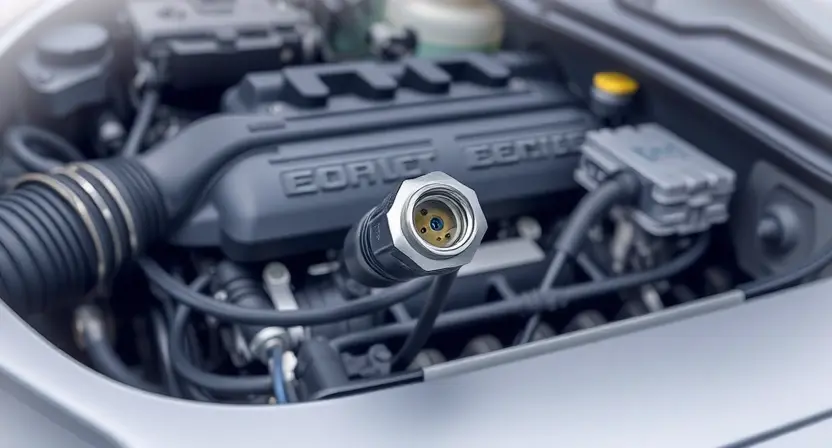 A detailed illustration of a car engine bay, focusing on the temperature sensor and its wiring. The sensor should be clearly visible, along with the wiring harness connecting it to the engine control unit (ECU). The background should be slightly blurred to emphasize the sensor.