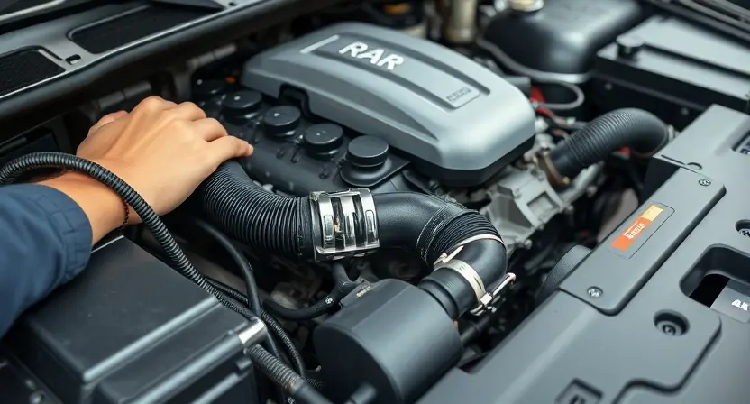 A close-up, detailed shot of a car's engine bay. Focus on the engine components, hoses, and wiring. The engine should appear clean and well-maintained. A mechanic's hand could be subtly visible, performing a diagnostic check. The overall lighting should be bright and professional, highlighting the engine's details.