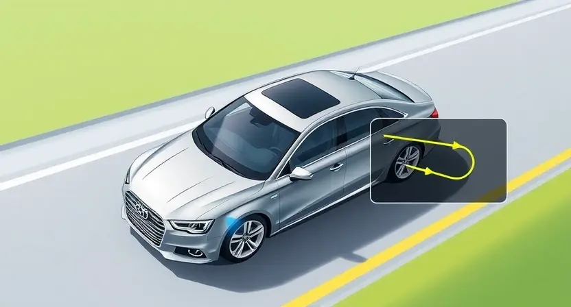 A detailed illustration depicting a car's blind spot monitoring system. Show a car driving on a road with a clear view of the surroundings. Highlight the sensors on the car's bumpers and side mirrors. Include a visual representation of the blind spot area on the car's display, with arrows indicating the areas the system is monitoring. The car should be a modern sedan.