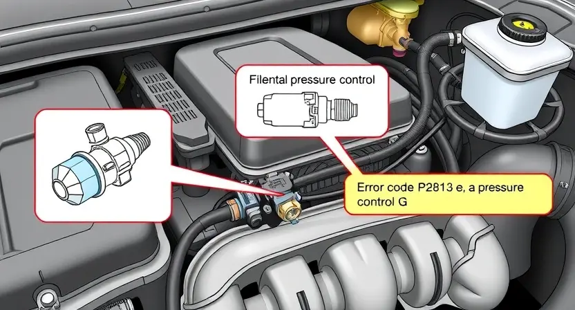 A detailed illustration of a vehicle's engine compartment, focusing on the solenoid valve for pressure control (G). The solenoid should be clearly visible, with accompanying diagrams or labels indicating its function and connection points. Include visual cues representing the error code P2813 and its potential cause (e.g., a faulty solenoid).