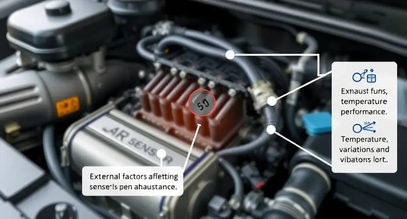 A detailed illustration of an automotive engine bay, focusing on the lambda sensor. The sensor should be clearly visible, with wiring and connections highlighted. Include visual cues representing external factors affecting the sensor's performance, such as exhaust fumes, temperature variations, and vibrations. The background should be slightly blurred to emphasize the sensor.