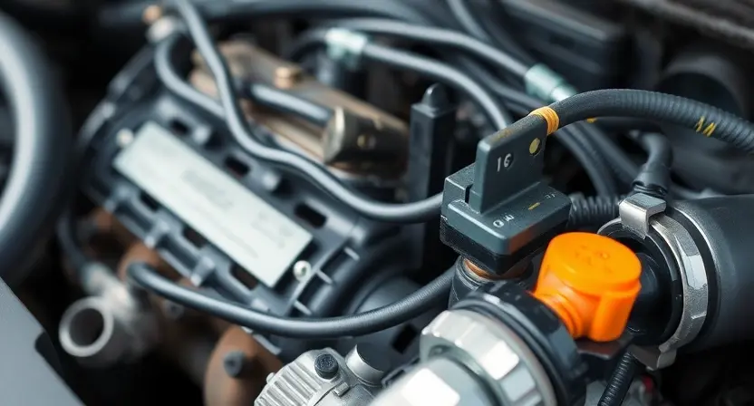 A close-up, detailed image of an automotive engine bay. Focus on the wiring harness and a specific engine component (e.g., intake manifold, sensor). The wiring should appear slightly worn or inspected, suggesting diagnostics. The overall lighting should be bright and even, highlighting the details of the components. The background should be blurred to emphasize the engine bay.