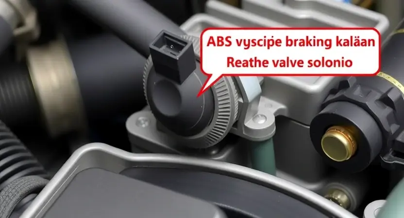 A close-up photograph of an ABS (Anti-lock Braking System) module with a focus on the выпускной клапан (exhaust valve) solenoid. The solenoid should be clearly visible, and the surrounding components of the module should be in focus, showing a clean and well-maintained appearance. The image should convey a sense of technical precision and repair.