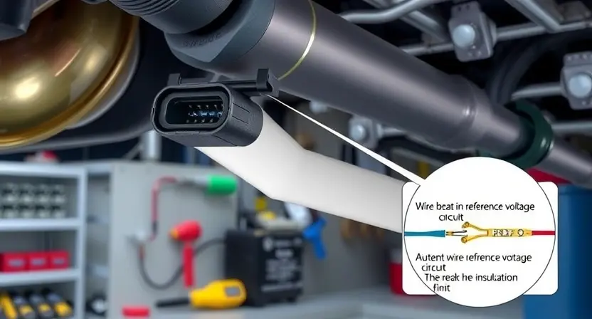 A detailed illustration of a car's oxygen sensor and its wiring harness, highlighting the reference voltage circuit. Show the sensor mounted on the exhaust manifold with a close-up of the wiring connections. Include a visual representation of a potential wire break in the reference voltage circuit, emphasizing the importance of proper wiring and insulation. The scene should be set in a well-lit garage or workshop environment with tools and diagnostic equipment in the background.