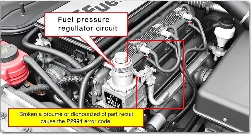 A detailed illustration of a car engine with a highlighted fuel pressure regulator circuit. The image should show the fuel pressure regulator, fuel lines, and the electrical connections. The focus should be on the broken or disconnected part of the circuit that could cause the P2294 error code. The engine components should be depicted in a realistic and detailed manner.