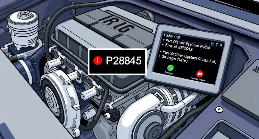 A detailed illustration of a car engine with a highlighted error code P2845 displayed on a diagnostic screen. The engine should be realistically rendered, showcasing various components like pistons, valves, and sensors. The diagnostic screen should clearly show the P2845 code and associated information.