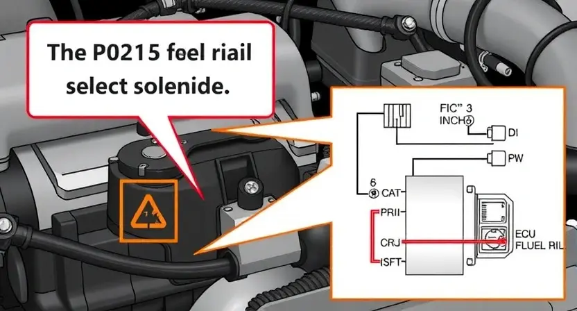 A detailed illustration of a fuel rail and its associated solenoid, highlighting the P0215 error code. The image should show the solenoid connected to the fuel rail, with visual cues indicating a potential issue (e.g., a slightly corroded connection, a small crack in the solenoid). Include a schematic diagram showing the electrical connection between the solenoid and the engine control unit (ECU).