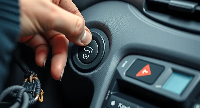 A close-up of a car's keyless entry system button being replaced by a mechanic's hand, with visible wiring harness and diagnostic tool nearby, showing signs of wear or damage on the original button and wiring, set in a well-lit auto repair shop environment, realistic style, high detail
