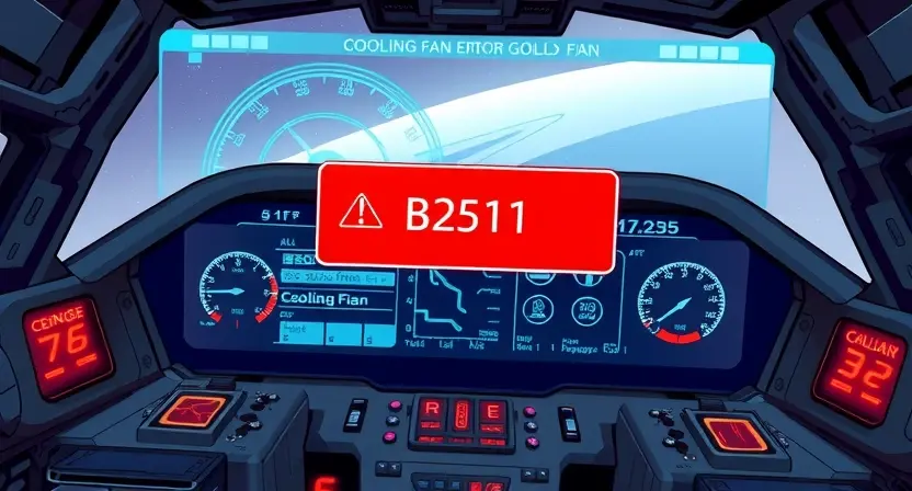 A detailed illustration of a projection display HUD with a cooling fan error message (B2511) overlaid on the screen. The HUD should display various system diagnostics and indicators. The cooling fan should be visually represented as a stylized fan icon with a red error symbol. The background should be a futuristic cockpit environment.