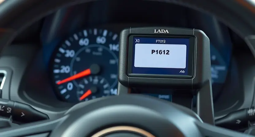 A close-up shot of a car's dashboard with a diagnostic scan tool displaying a P1612 error code. The dashboard should be clean and modern, focusing on the instrument cluster and the scan tool screen. The car should be a modern Lada model.