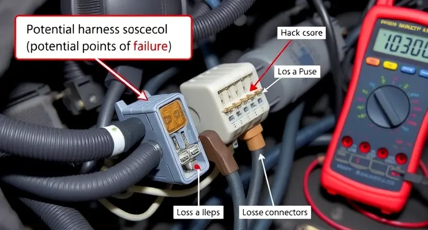 A detailed illustration of an automotive wiring harness and connectors, highlighting potential points of failure. Focus on a close-up view of the wiring and connectors, showing various types of connections and potential damage like corrosion or loose connections. Include a multimeter in the background, suggesting diagnostics.