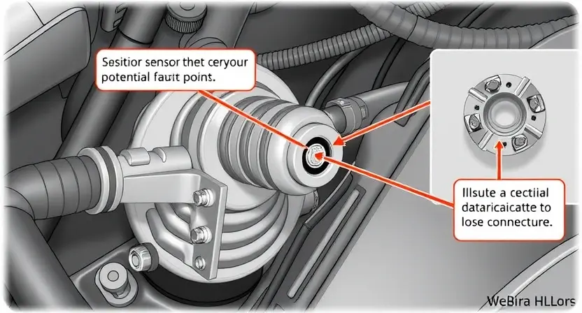 A detailed illustration of an automotive electrical circuit diagram, focusing on the position sensor connector and wiring. The diagram should clearly show the wiring connections, potential fault points, and the sensor itself. Include visual cues to indicate a potential electrical fault, such as a broken wire or a loose connection.