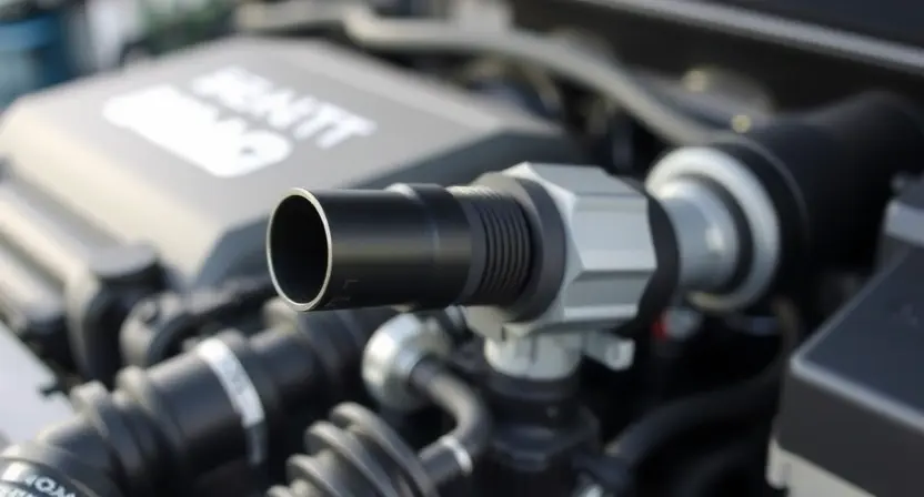 A close-up, detailed illustration of a car's engine bay, specifically highlighting the mass airflow sensor (MAF sensor). The sensor should be clearly visible, with surrounding engine components subtly in focus. The overall lighting should be bright and clean, emphasizing the sensor's details. Focus on the sensor's physical appearance and its connection points.