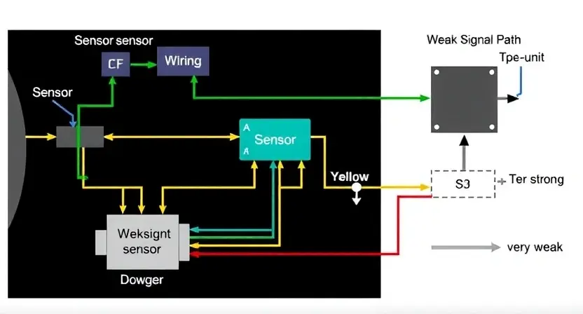 A detailed schematic diagram of a vehicle's sensor control circuit, highlighting a weak signal path. Focus on the sensor, wiring, and control unit. Use color-coding to indicate signal strength (e.g., green for strong, yellow for weak, red for very weak). Include visual cues to represent signal attenuation or interference.