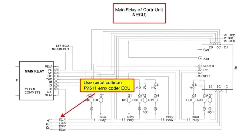 A detailed schematic diagram illustrating an electrical circuit with a main relay and control unit (ECU). Highlight the P2511 error code location within the circuit. Show wiring connections, fuses, and potential points of failure. Focus on the continuity of the signal path between the relay and ECU. Use clear labels for all components.