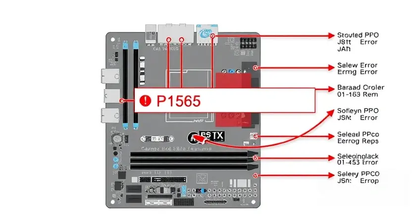 A detailed schematic diagram illustrating a computer motherboard with a highlighted P1565 error indicator. Focus on the relevant components and connections associated with the error. The background should be a clean, neutral color.