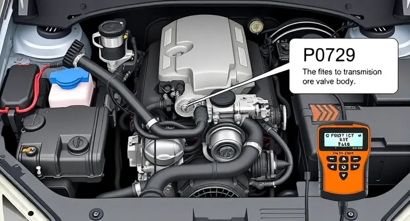 A detailed illustration of a car's engine bay with a diagnostic tool connected to the vehicle's computer. The focus should be on the area where the P0729 error code might be related to, such as the transmission or valve body. Include visual cues representing the error code, like a highlighted area or a warning symbol.