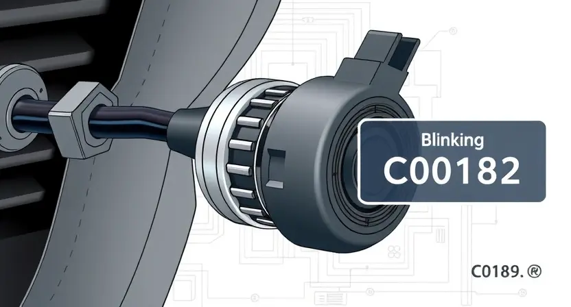 A close-up technical illustration of a vehicle's steering angle sensor (датчик бо) mounted near the steering column, showing its internal components: magnetic encoder, Hall effect sensor, and wiring harness, with subtle diagnostic error indicators like a blinking C0182 code overlay in a clean, professional automotive engineering style, no text or numbers visible on the sensor itself, isolated on a light gray technical background