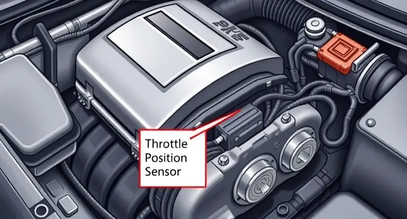 A detailed illustration of a car engine with a highlighted section indicating the throttle position sensor, which is related to the P0125 error code. The engine should be depicted in a realistic and high-quality manner, with clear visual cues pointing to the sensor and its connections. The image should convey a sense of technical precision and diagnostic focus.