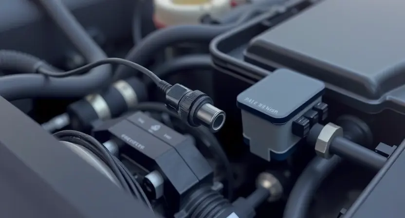 A detailed illustration of a car engine bay, focusing on the throttle position sensor and its wiring. The sensor should be clearly visible, along with the wiring harness connecting it to the engine control unit (ECU). The background should be slightly blurred to emphasize the sensor.