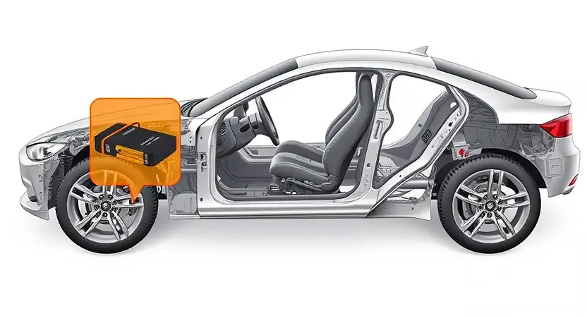 A detailed illustration of a car's chassis with a highlighted longitudinal acceleration sensor. The sensor should be clearly visible, and its connection to the car's electronic control unit (ECU) should be depicted. Focus on the sensor's physical appearance and its placement within the vehicle's structure. The background should be a clean, neutral color to emphasize the car's components.