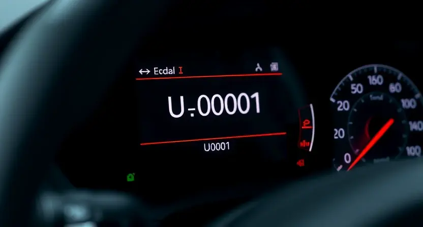 A close-up, detailed image of a car's dashboard displaying a diagnostic screen with the error code "U0001" prominently shown. The background should be slightly blurred, focusing attention on the error code. The car interior should be modern and clean.