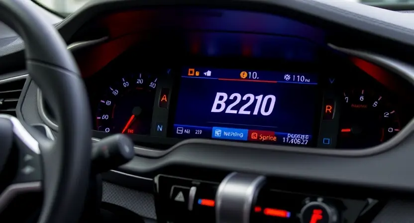 A modern car dashboard with a prominent error code B2210 displayed on the screen, surrounded by various warning lights and indicators. The car interior should be detailed, showing the steering wheel, gear shift, and other controls. The scene should convey a sense of urgency and the need for immediate attention.