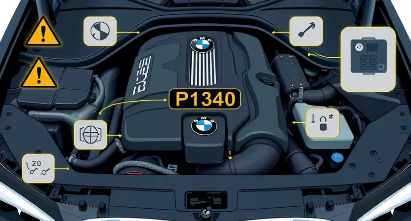 A high-quality technical illustration showing a BMW car engine bay with a glowing OBD-II scanner displaying error code P1340, surrounded by subtle warning symbols and diagnostic diagrams, clean background, professional automotive repair setting