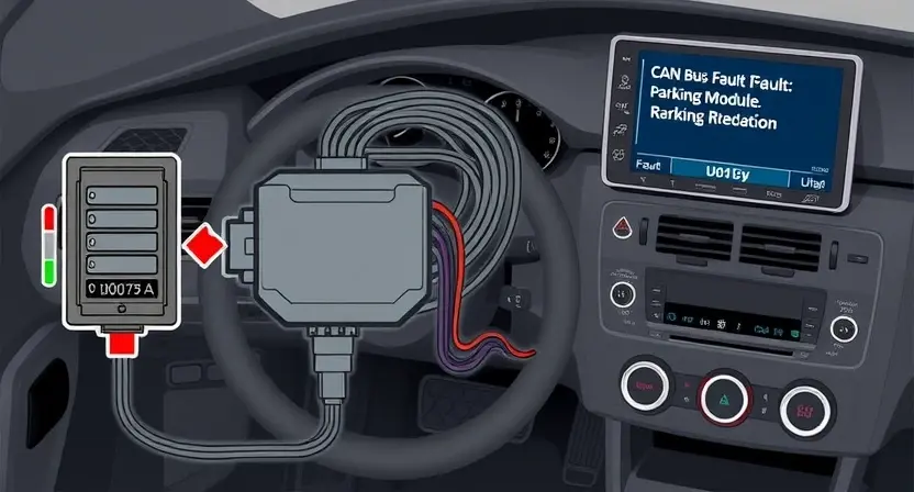 A detailed technical illustration of a car's CAN bus network showing a fault in the parking module communication, with visible CAN bus wires, connectors, and a diagnostic screen displaying error code U0159, clean technical diagram style, high quality, no text or numbers on image