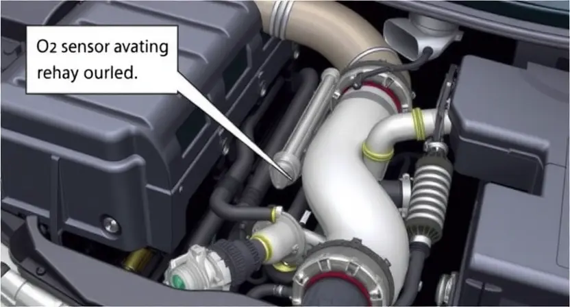 A detailed illustration of a car's engine bay, highlighting the O2 sensor and related wiring. The engine should be partially visible, showing components like the catalytic converter and exhaust manifold. Focus on the O2 sensor's location and connections.