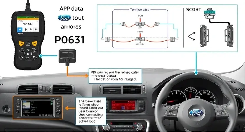 A detailed illustration of a car's diagnostic system, highlighting the P0631 error code and the importance of VIN data. Include visual representations of the scan tool, wiring diagrams, and a car's dashboard. Focus on clarity and technical accuracy.