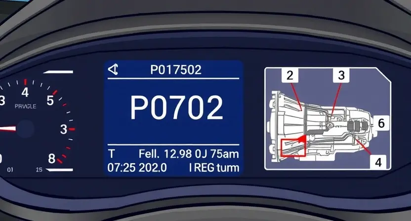 A detailed illustration of a car's diagnostic panel displaying the P0702 error code. The panel should show the code prominently, along with related information like the vehicle's make, model, and date of manufacture. Include visual cues representing the potential causes of the error, such as a diagram of the transmission system with highlighted components. The overall style should be clean, informative, and visually appealing, suitable for a technical guide.
