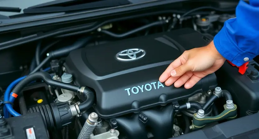 A close-up shot of a Toyota engine bay with a mechanic inspecting the engine. Focus on the oxygen sensor and related wiring. The engine should appear clean and well-maintained.