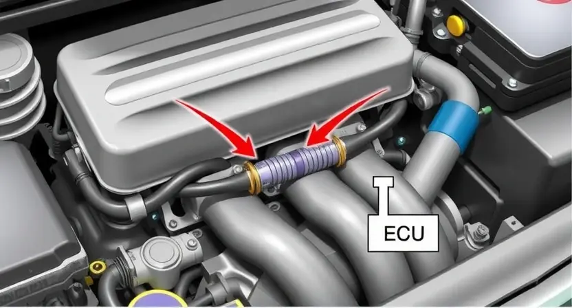 A detailed diagram illustrating a car's engine with a focus on the oxygen sensor and its connection to the engine control unit (ECU). Arrows should indicate the flow of exhaust gases to the sensor and the signal transmission to the ECU. Highlight the sensor's location on the exhaust manifold. The overall image should convey a technical and informative feel, suitable for a repair manual.