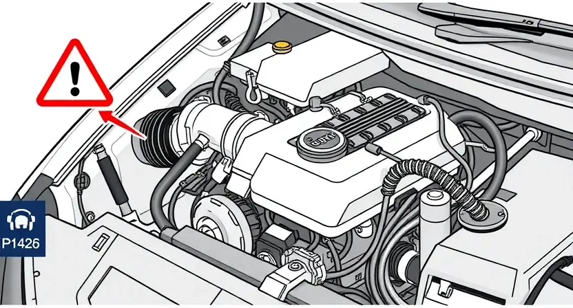 A detailed technical illustration of a car engine showing a highlighted ignition coil and spark plug wires, with a red warning triangle and error code P1426 displayed near the engine control unit, clean background, high quality, no text or numbers on the image