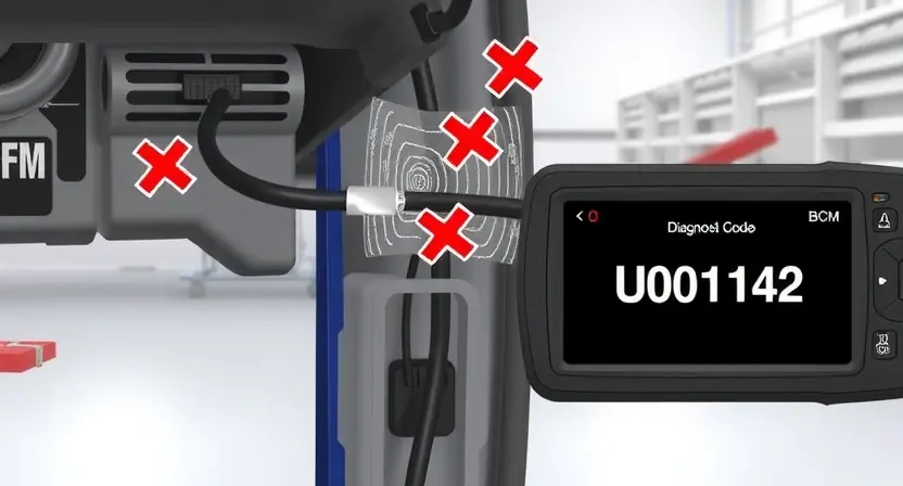 A detailed technical illustration showing a car's body control module (BCM) with a disconnected or damaged wiring harness, signal interference symbols (like broken waves or red X marks over communication lines), and diagnostic error code U0142 displayed on a vehicle scan tool screen, all set against a clean automotive workshop background with soft lighting and no text or labels on the image itself