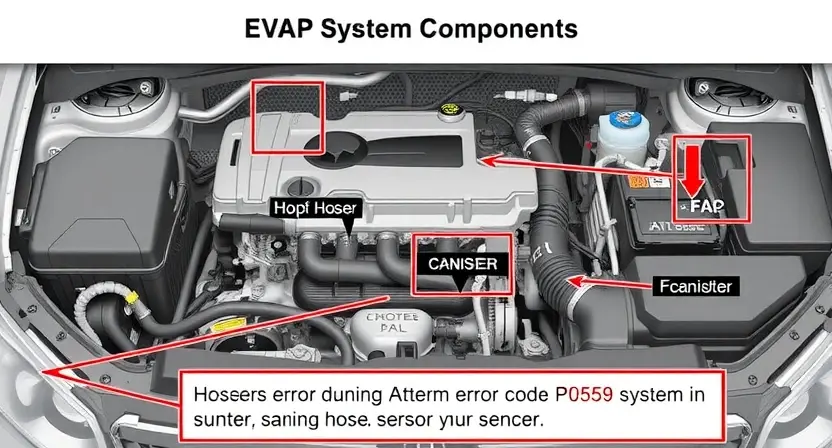A detailed illustration of a car engine bay, focusing on the area around the EVAP system components. Include hoses, a canister, and relevant sensors. The image should clearly depict the parts associated with the P0559 error code.