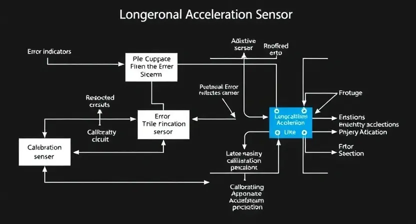 A detailed schematic diagram of an automotive sensor calibration system, highlighting the longitudinal acceleration sensor and its associated circuitry. Include visual representations of error indicators and calibration procedures. Focus on clarity and technical accuracy.