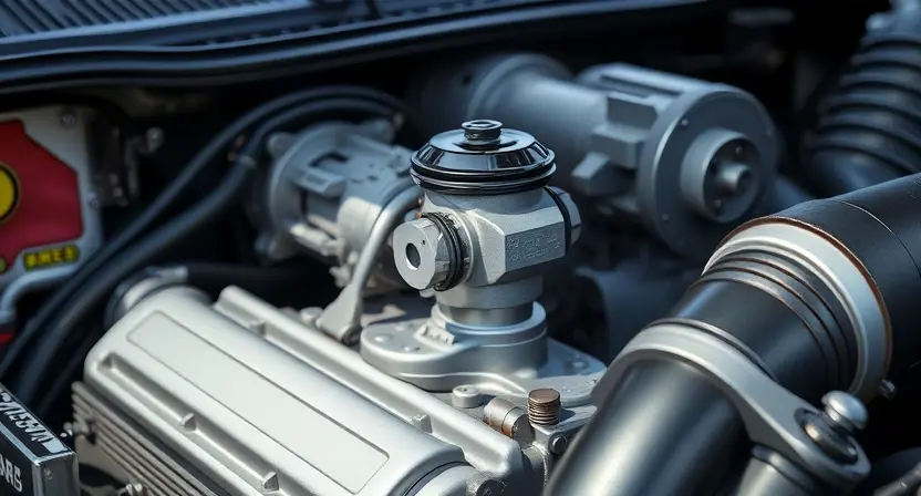A detailed illustration of a car's engine bay, focusing on the wastegate solenoid. The solenoid should be clearly visible, with wiring and hoses connected. The background should be slightly blurred to emphasize the solenoid. The overall lighting should be bright and realistic, showcasing the components' textures.