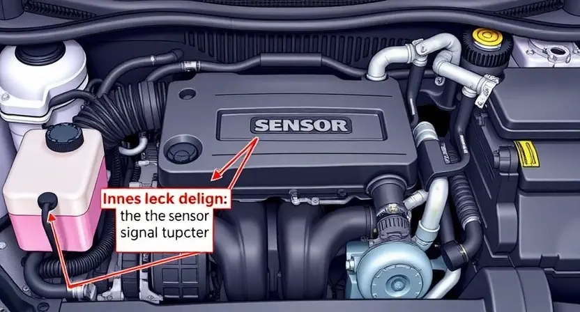 A detailed illustration of an automotive engine bay, focusing on the area where the sensor signal is typically located. Include visual cues indicating a lack of signal, such as a disconnected wire or a faulty connector. The engine should be partially visible, showing various components like hoses, belts, and the engine block.