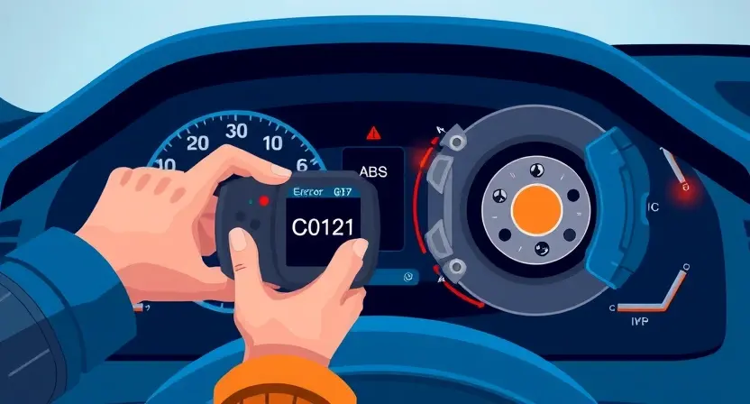 A high-quality technical illustration showing a car's anti-lock braking system (ABS) with a glowing warning light on the dashboard, a mechanic's hand holding a diagnostic scanner displaying error code C0121, and abstract representations of brake calipers and sensors, all rendered in a clean, professional style with blue and orange color accents
