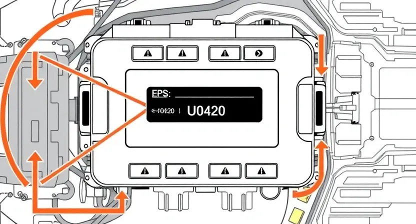 A high-quality technical illustration showing an automotive engine control module with a highlighted EPS (Electric Power Steering) block, displaying error code U0420, surrounded by warning symbols and circuit diagrams, clean lines, technical accuracy, no text or numbers on image
