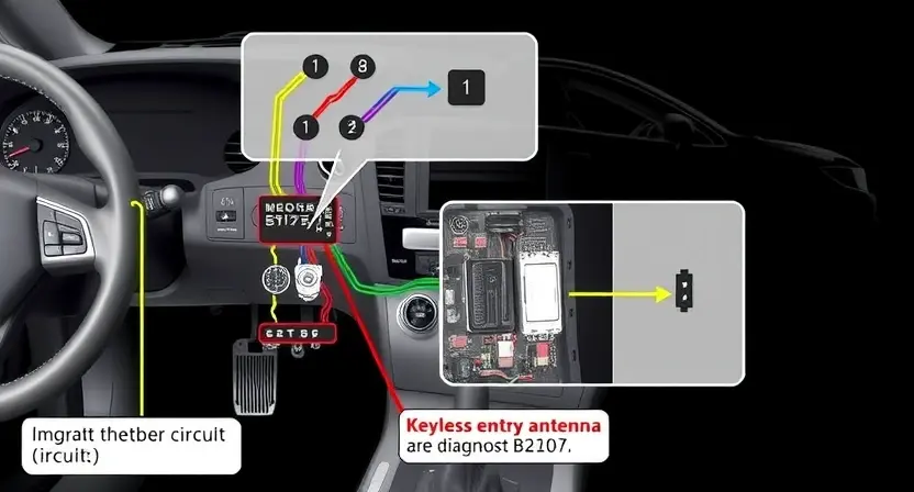 A detailed technical illustration of a car's keyless entry antenna circuit showing wiring, connectors, and electronic components with a highlighted fault point indicating a break or short circuit, labeled with diagnostic code B2107, in a clean automotive engineering style with circuit diagram overlays and vehicle silhouette in background