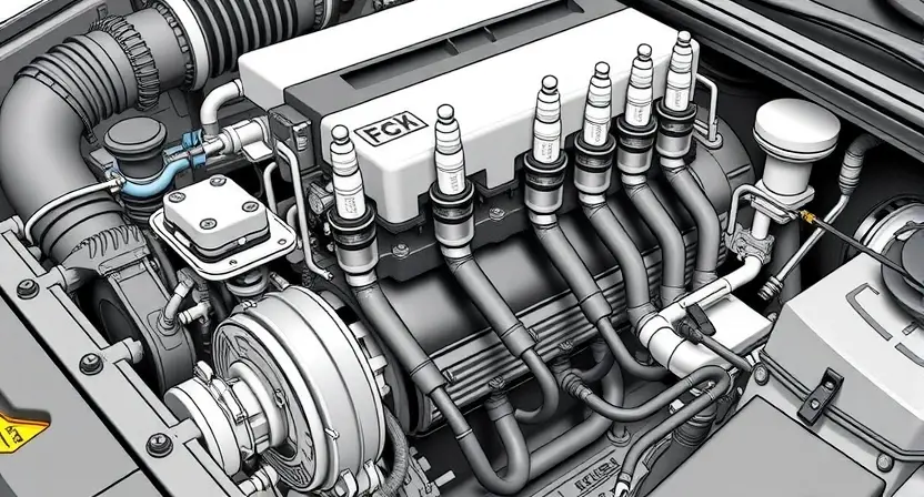 A detailed technical illustration of a car engine showing the ignition system with highlighted spark plugs, ignition coils, and wiring, clean white background, no text or numbers on the image