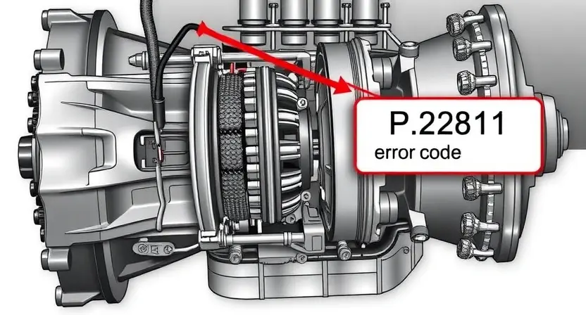 A detailed illustration of a car transmission with a highlighted P2811 error code indicator. The transmission components should be clearly visible, showing wear and tear on some parts to represent mechanical issues. Include visual cues indicating potential wear and tear on gears, shafts, and other internal mechanisms.