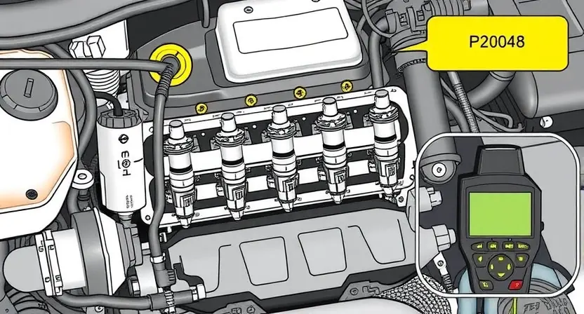 A detailed illustration of a car engine's fuel injection system, highlighting the P2048 error code and its connection to the system. Focus on the components involved in fuel delivery and the potential points of failure. The image should be clean and informative, suitable for a repair manual or educational material. Show a close-up view of the fuel injectors, fuel rail, and related sensors. Include subtle visual cues representing diagnostic tools like a scan tool displaying the error code.